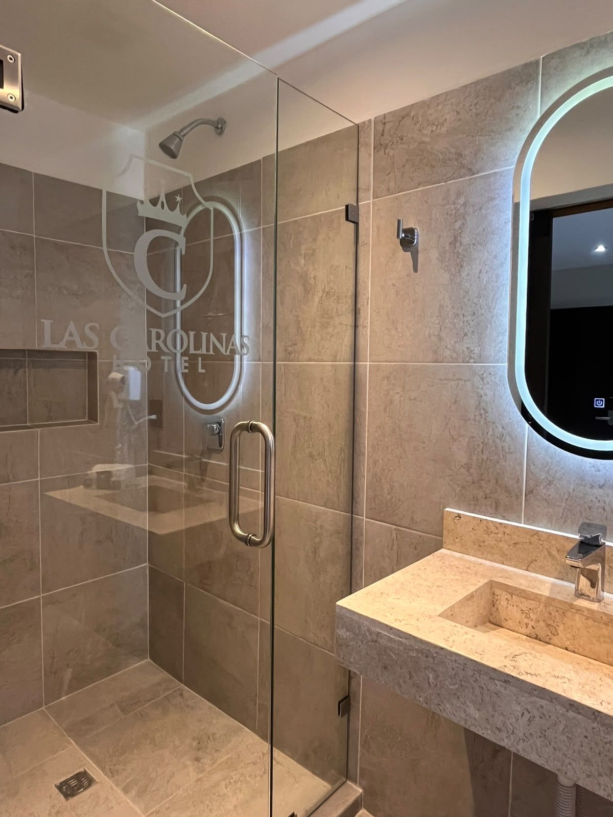 A modern bathroom with a glass-enclosed shower, a vanity with a sink, and a large mirror.