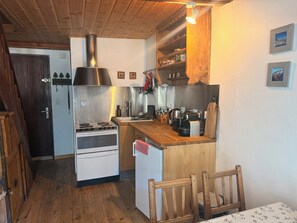 A compact kitchen with a stove, oven, and a small island with a sink. - Apartment for 4 people near the slopes (La Salle-les-Alpes)
