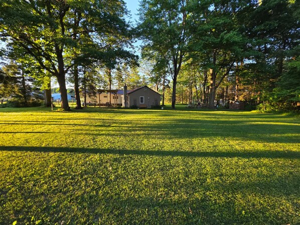 A grassy field with a house and trees in the background.