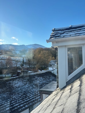 A residential area with snow-covered roofs and a mountain in the background.