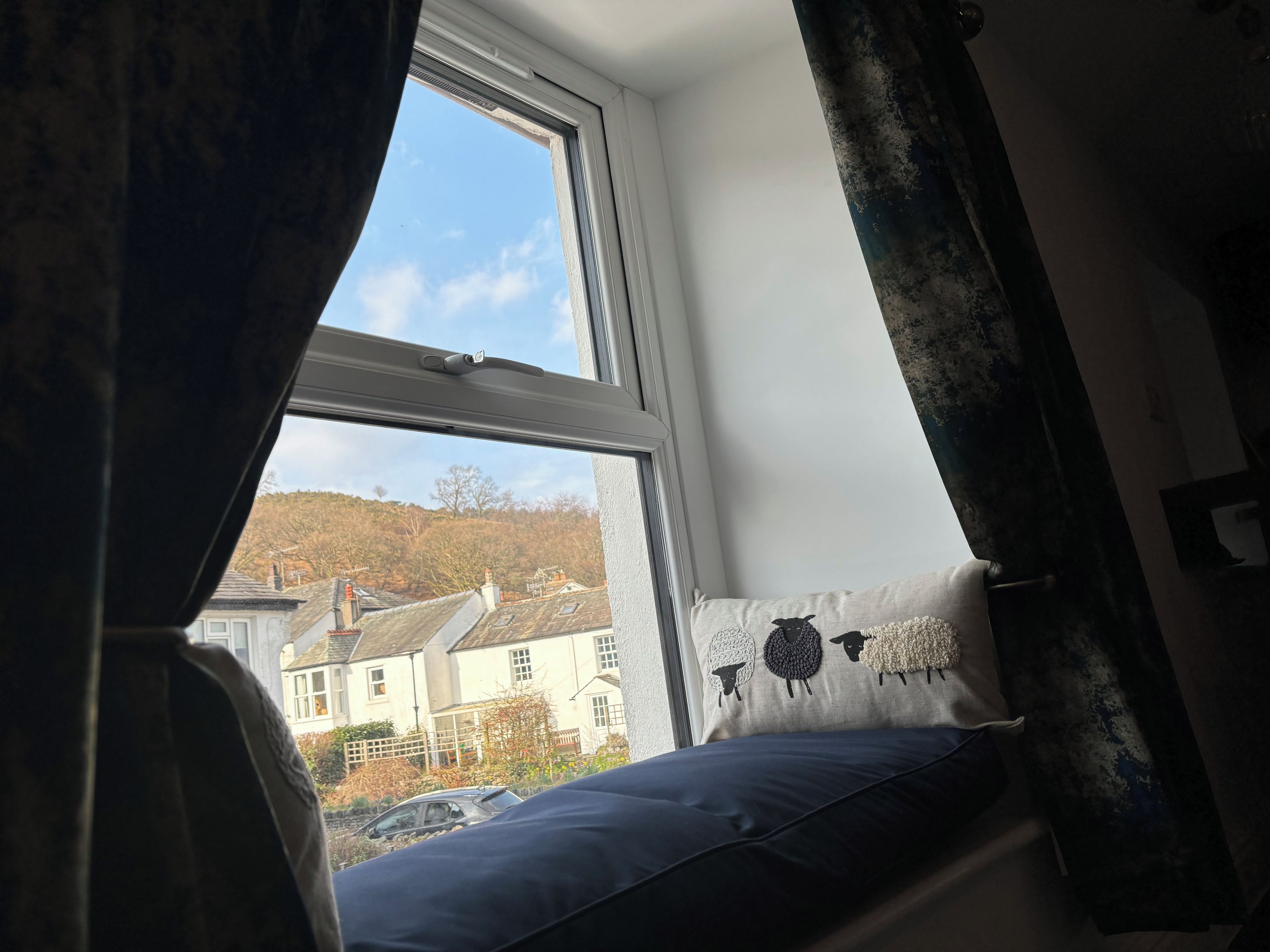 Een kamer met een raam dat uitkijkt op een woonwijk, een bed met een blauwe matras en een kussen met een schapenprint.