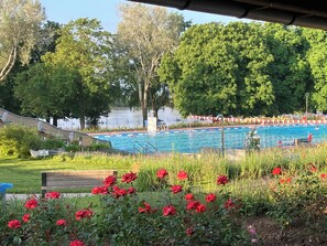 A swimming pool with a diving board, surrounded by trees and a grassy area with red flowers.