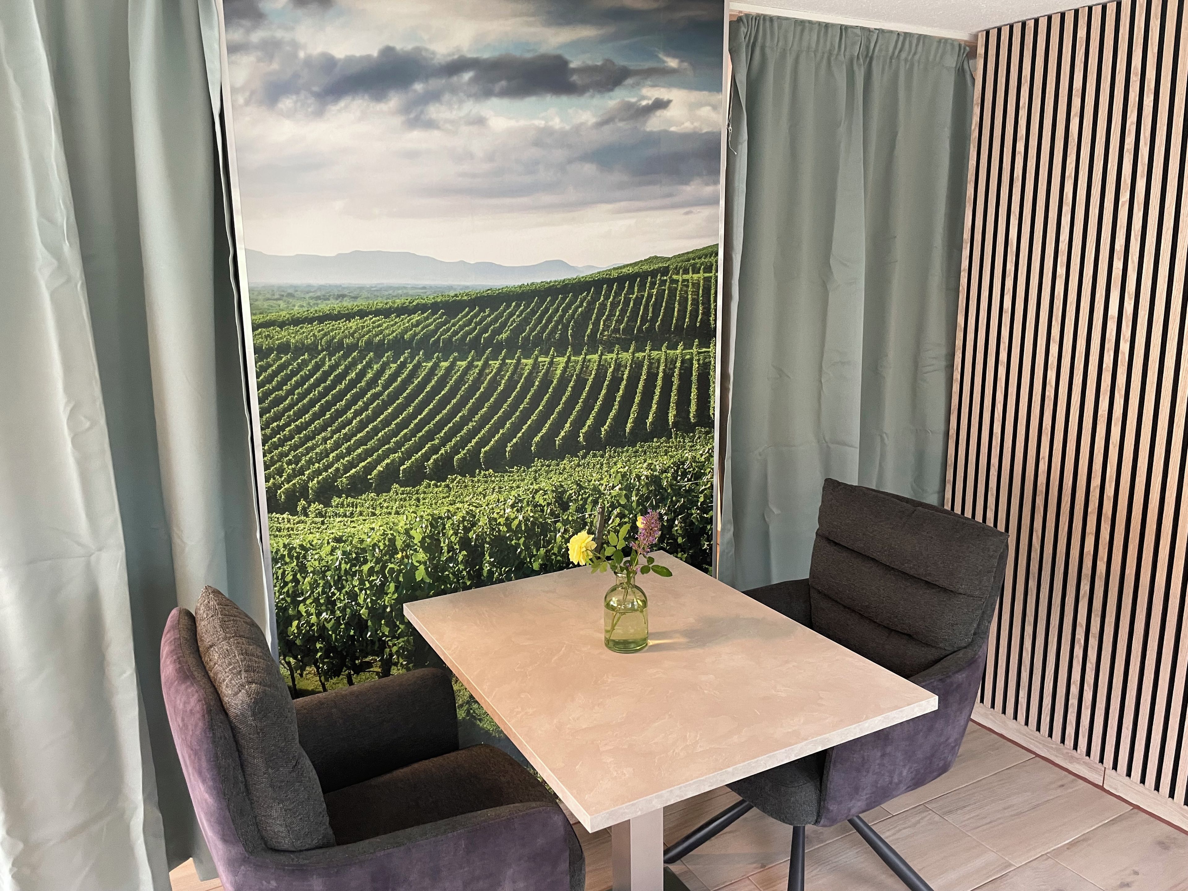 Ein Zimmer mit Tisch und zwei Stühlen, Blick auf einen Weinberg und einem Vorhang.