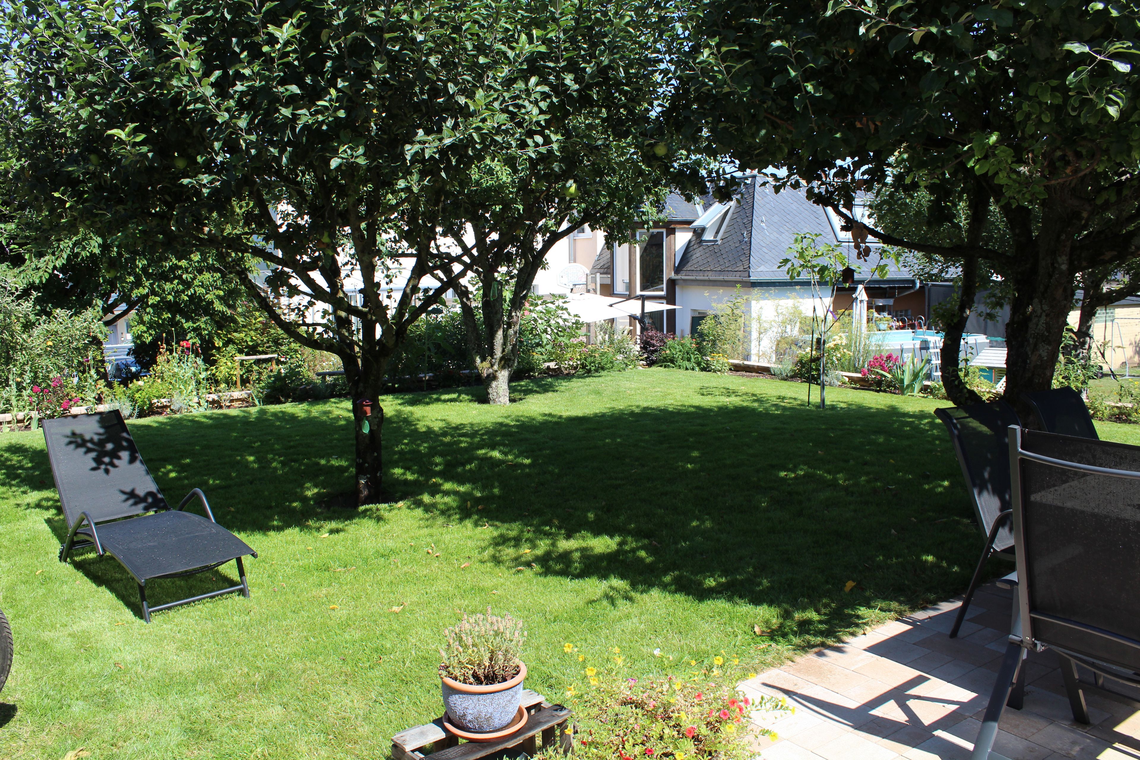 Ein gepflegter Garten mit Rasenfläche, einer Holzterrasse und zwei Liegestühlen.