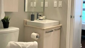 A bathroom with a toilet, sink, and mirror. There is a towel on the toilet seat and a plant on the sink counter. - Downtown Condo with Juliette Balcony and Parking (Toronto)