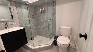 A modern bathroom with a glass-enclosed shower, a white toilet, and a black vanity.