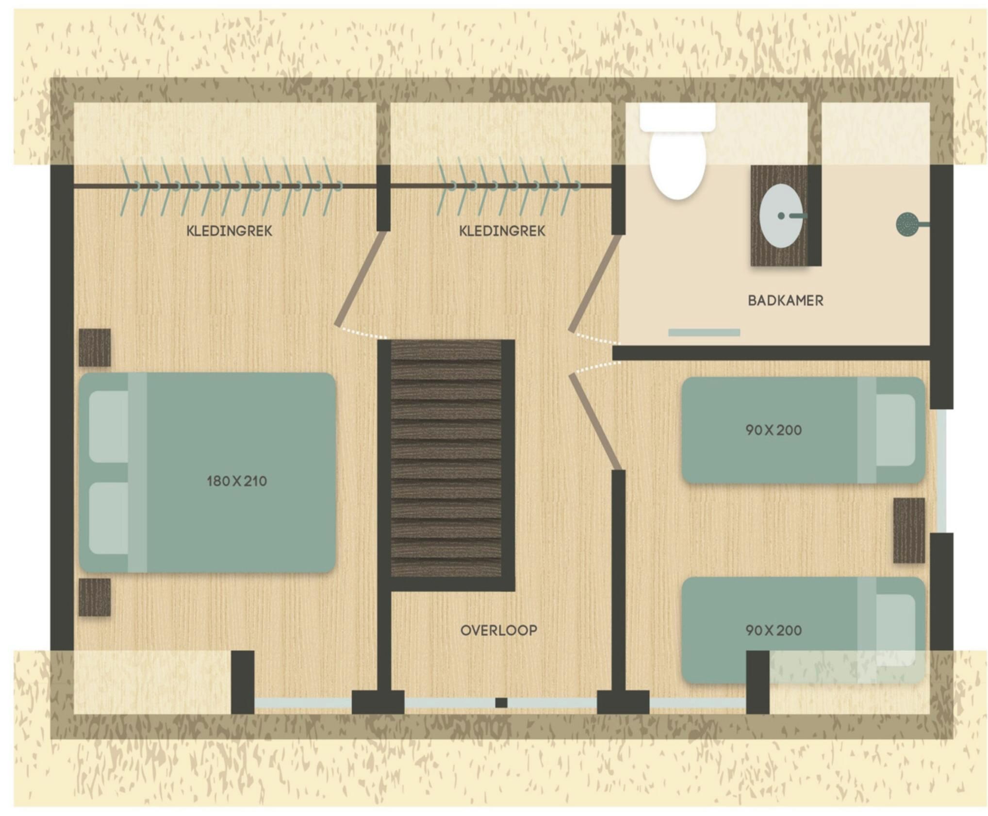 Un plan d’aménagement de chambre d’hôtel comprenant deux salles de bain privatives, une douche, un espace de circulation et deux lits.