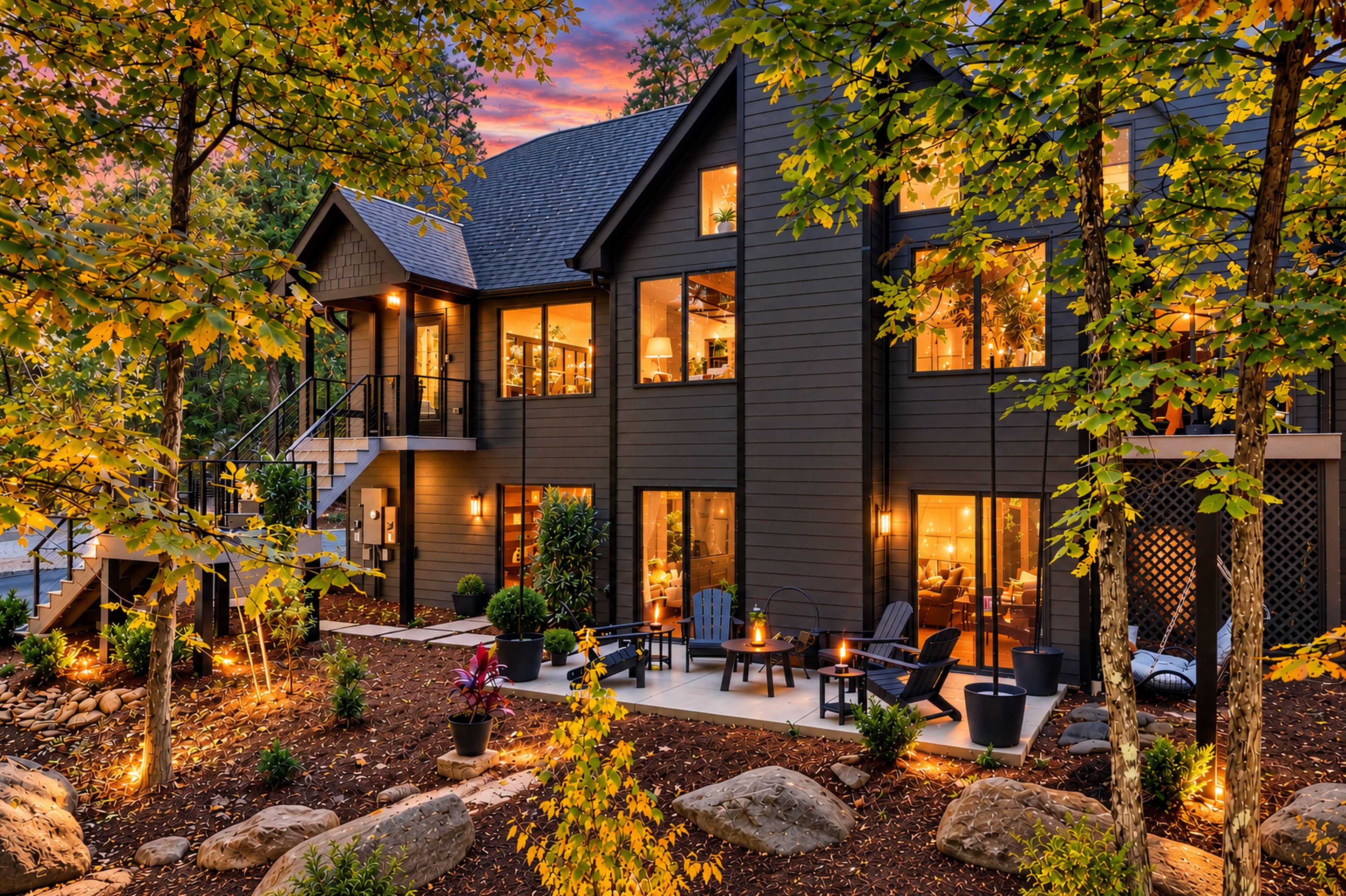 Une maison moderne à deux étages, dotée d’un balcon, d’un espace extérieur aménagé pour se détendre et d’un jardin bien entretenu.