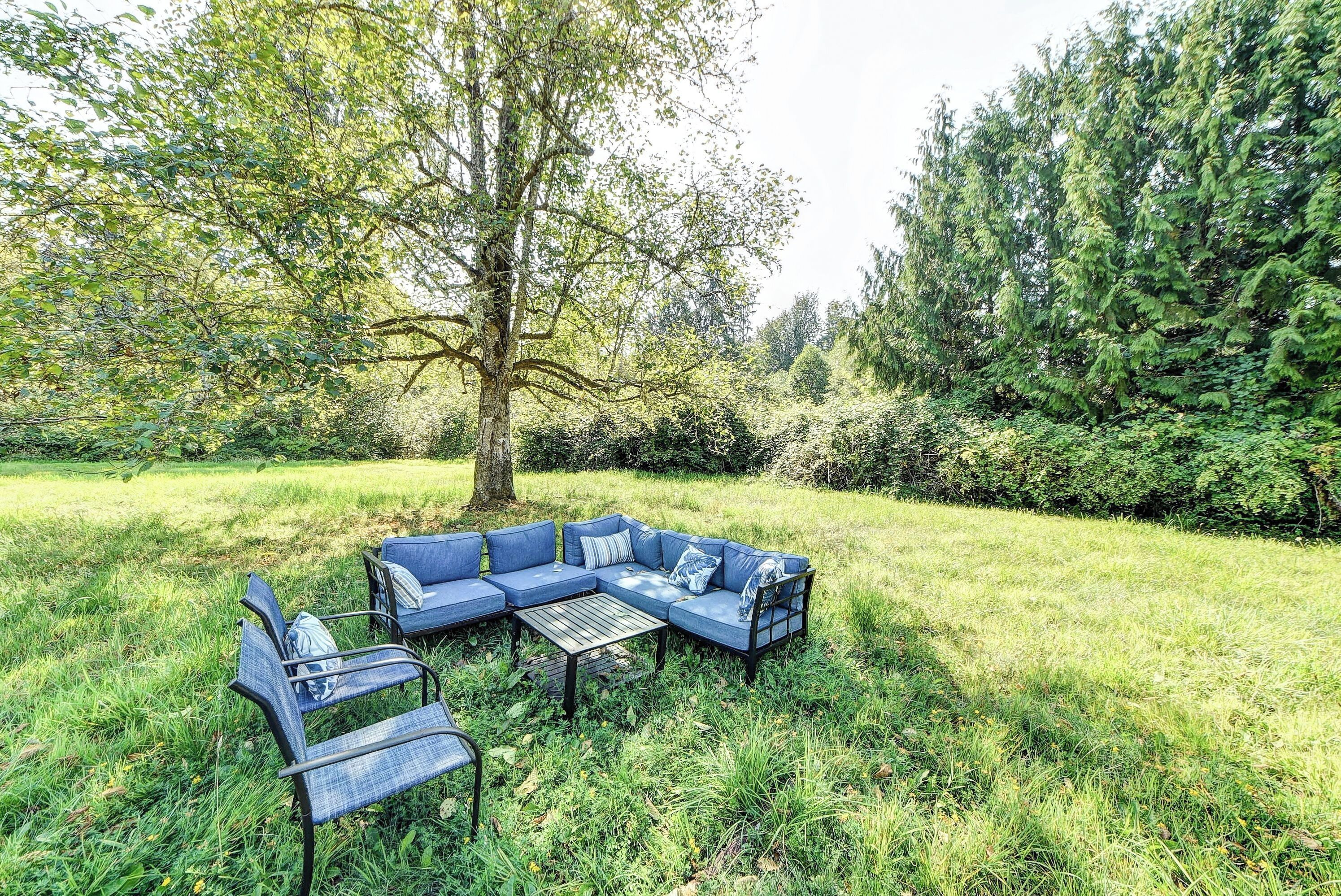 An outdoor seating area with a sofa and chairs, surrounded by grass and trees.