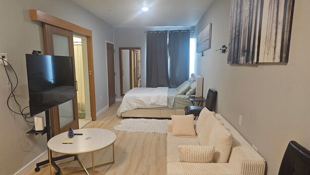A hotel room with a bed, a sofa, a TV, and a desk. - Cozy 1-bedroom studio apartment in perfect Houston with fitness room and AC, (Houston)