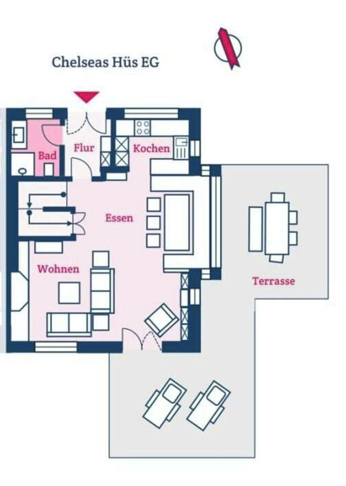 A hotel layout with a living room, kitchen, bathroom, and terrace.