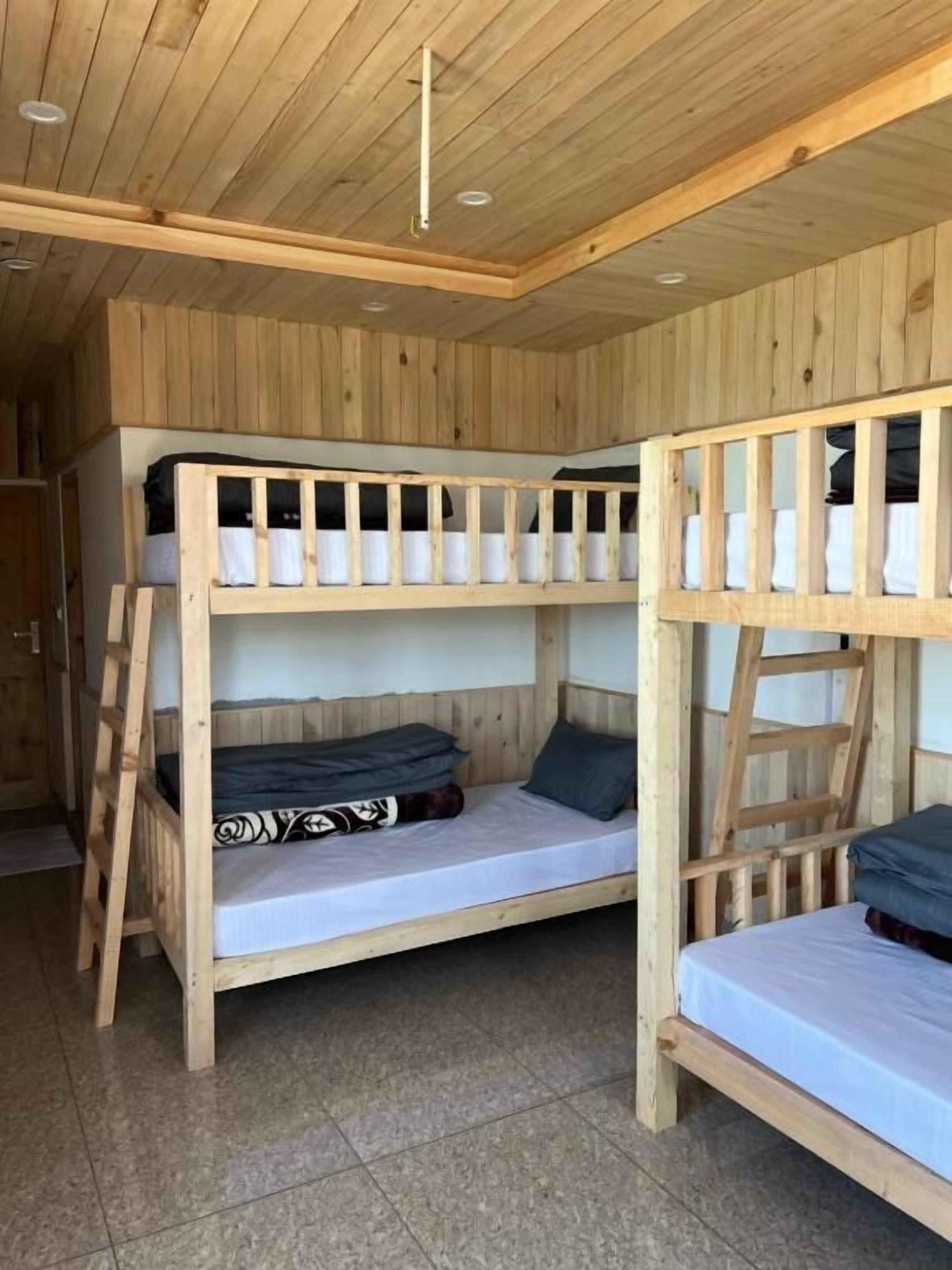 A wooden bunk bed room with a ladder, a mattress, and a pillow.