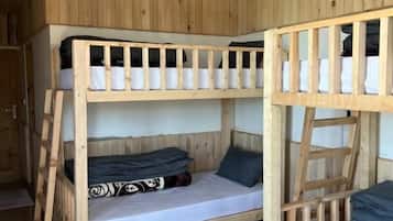 A wooden bunk bed room with a ladder, a mattress, and a pillow.