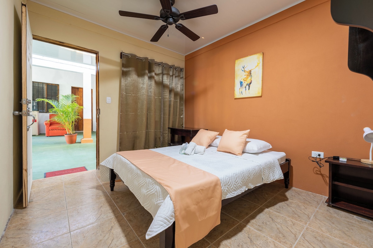 Habitación de hotel con cama, ventilador de techo, un cuadro y vistas al exterior.