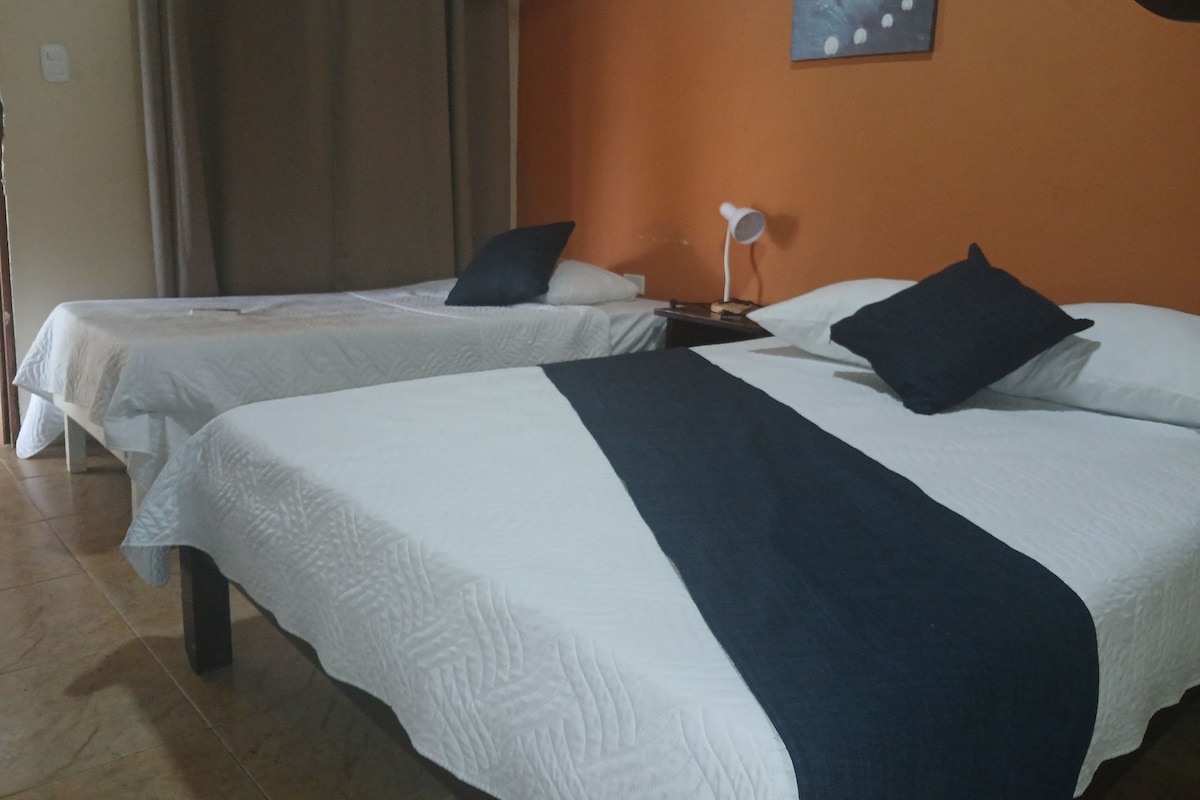 Una habitación de hotel con dos camas, una mesita de noche con una lámpara y un cuadro en la pared.
