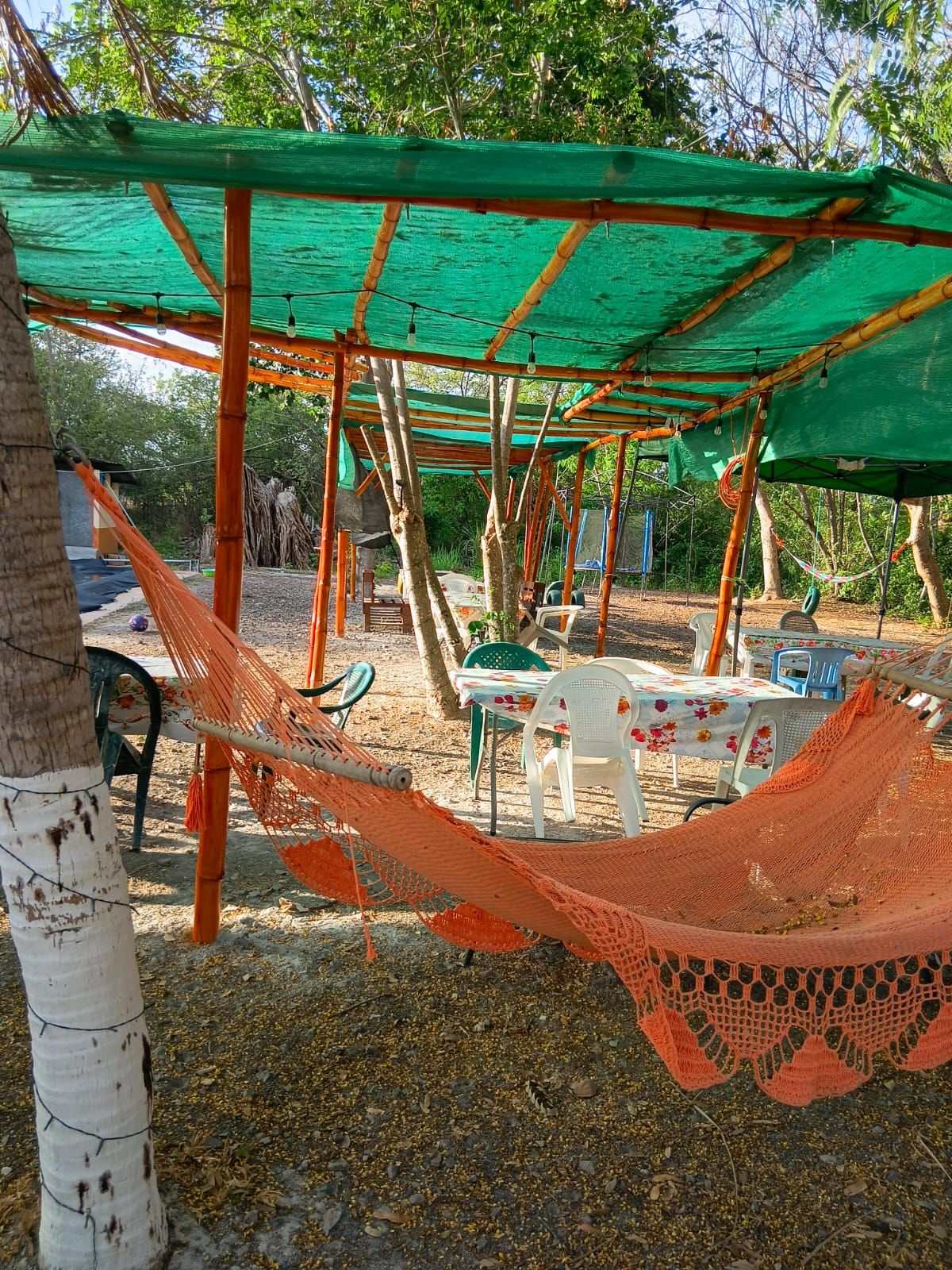 A hammock under a green canopy, surrounded by plastic chairs and tables, with trees in the background.