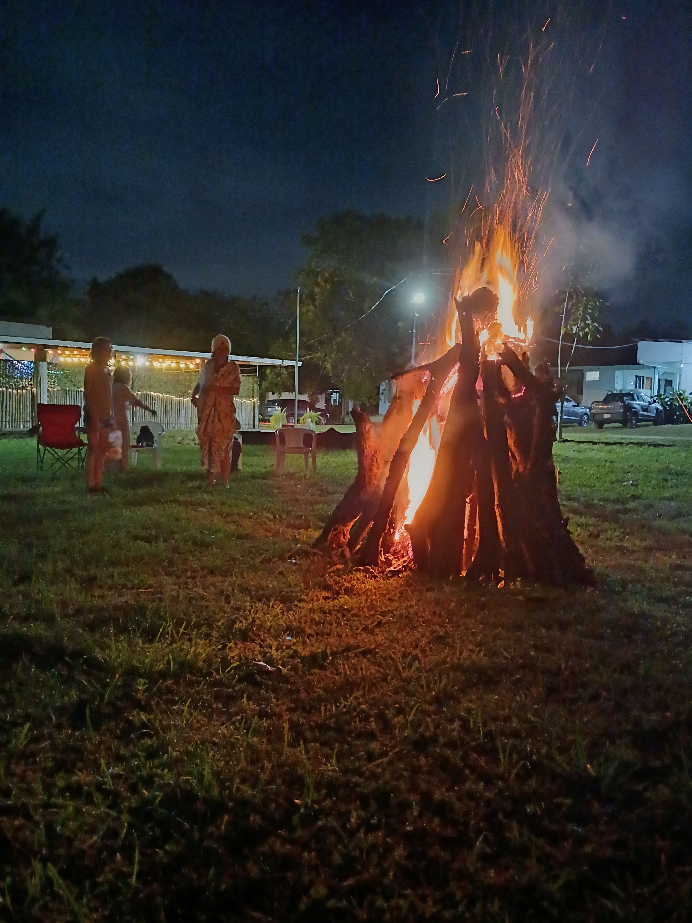 A campfire with people around it, a grassy area, and a fence in the background.