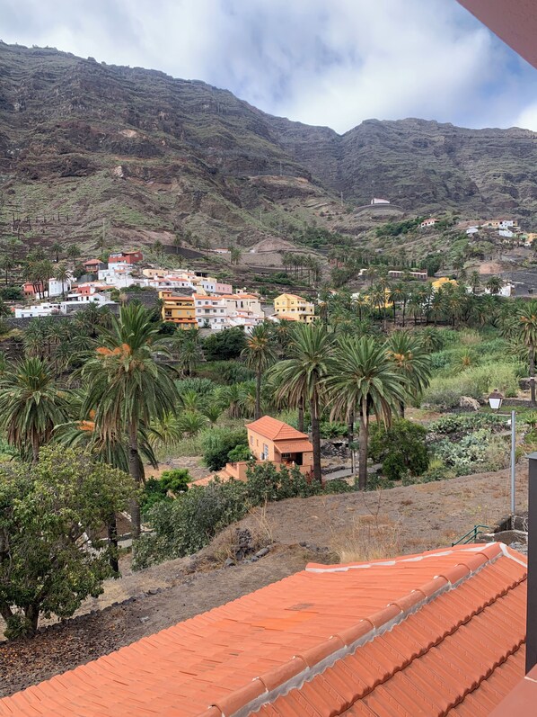 A hillside settlement with terraced houses, palm trees, and mountainous terrain in the background. - An oasis of peace in the heart of Valle Gran Rey (Valle Gra Rey)