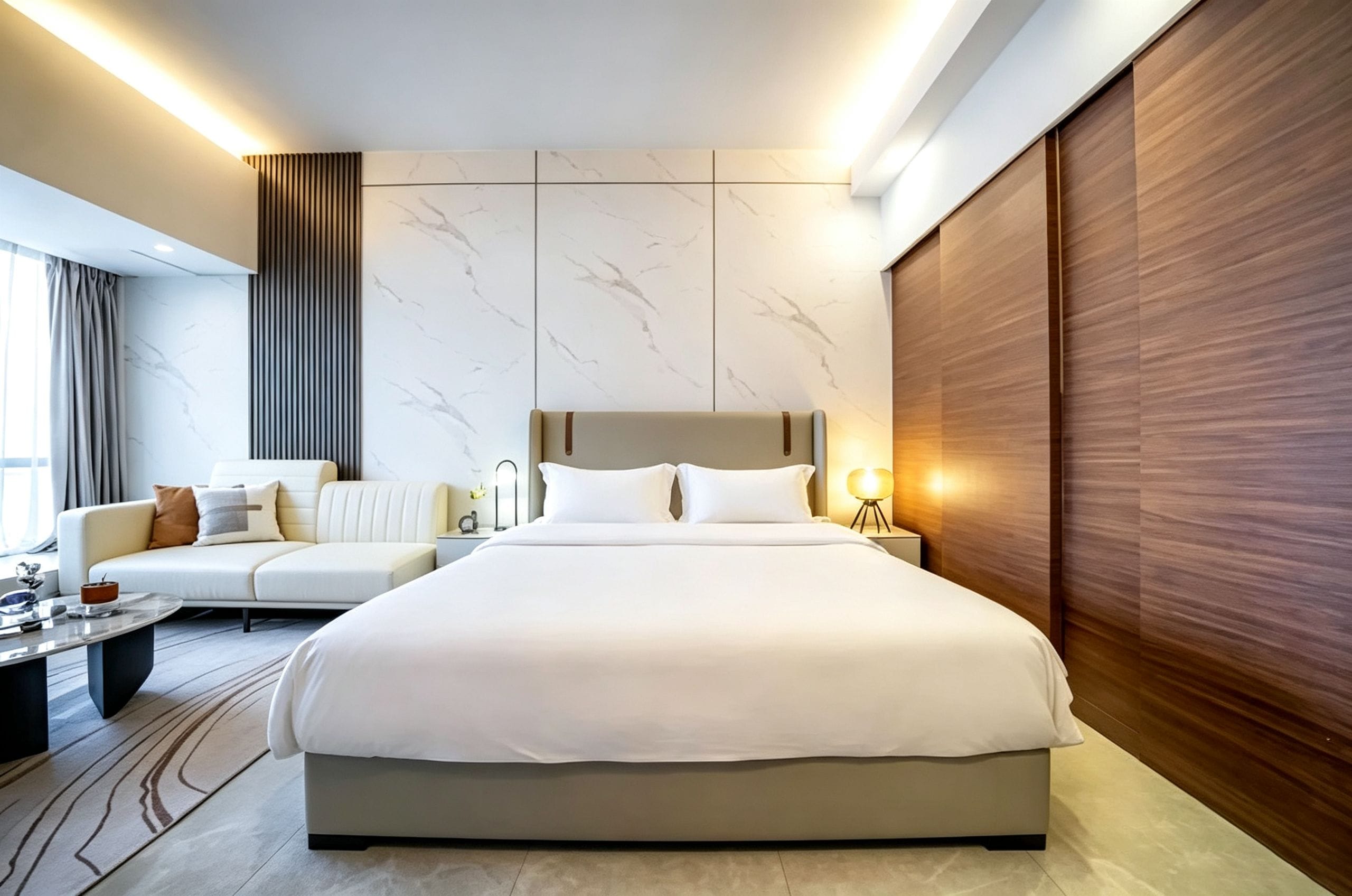 Una camera d'albergo moderna con un grande letto, un divano, un comodino e una lampada.