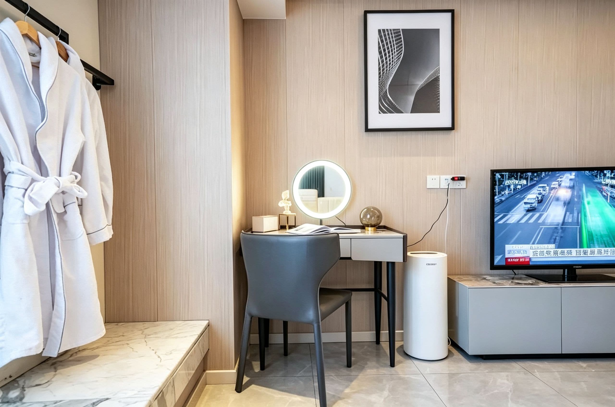 A hotel room with a bed, a desk with a chair, a TV, and a robe rack.