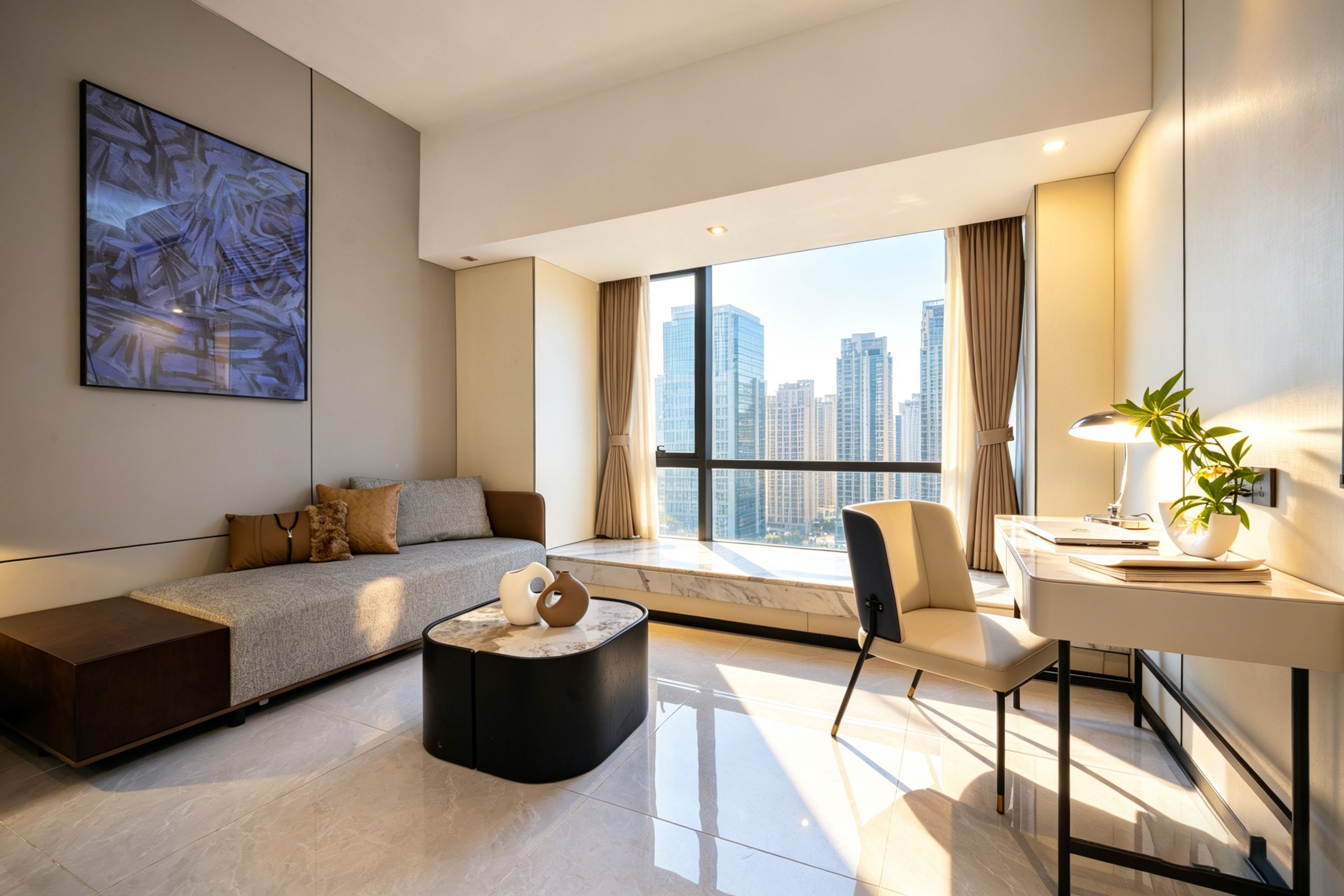 A modern hotel room with a large window, a sofa, a desk, and a chair.
