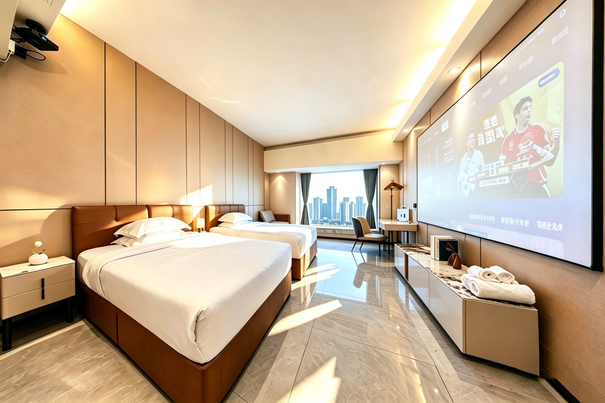 Una habitación de hotel moderna con una cama grande, un escritorio y una pantalla de televisión mostrando a una persona.