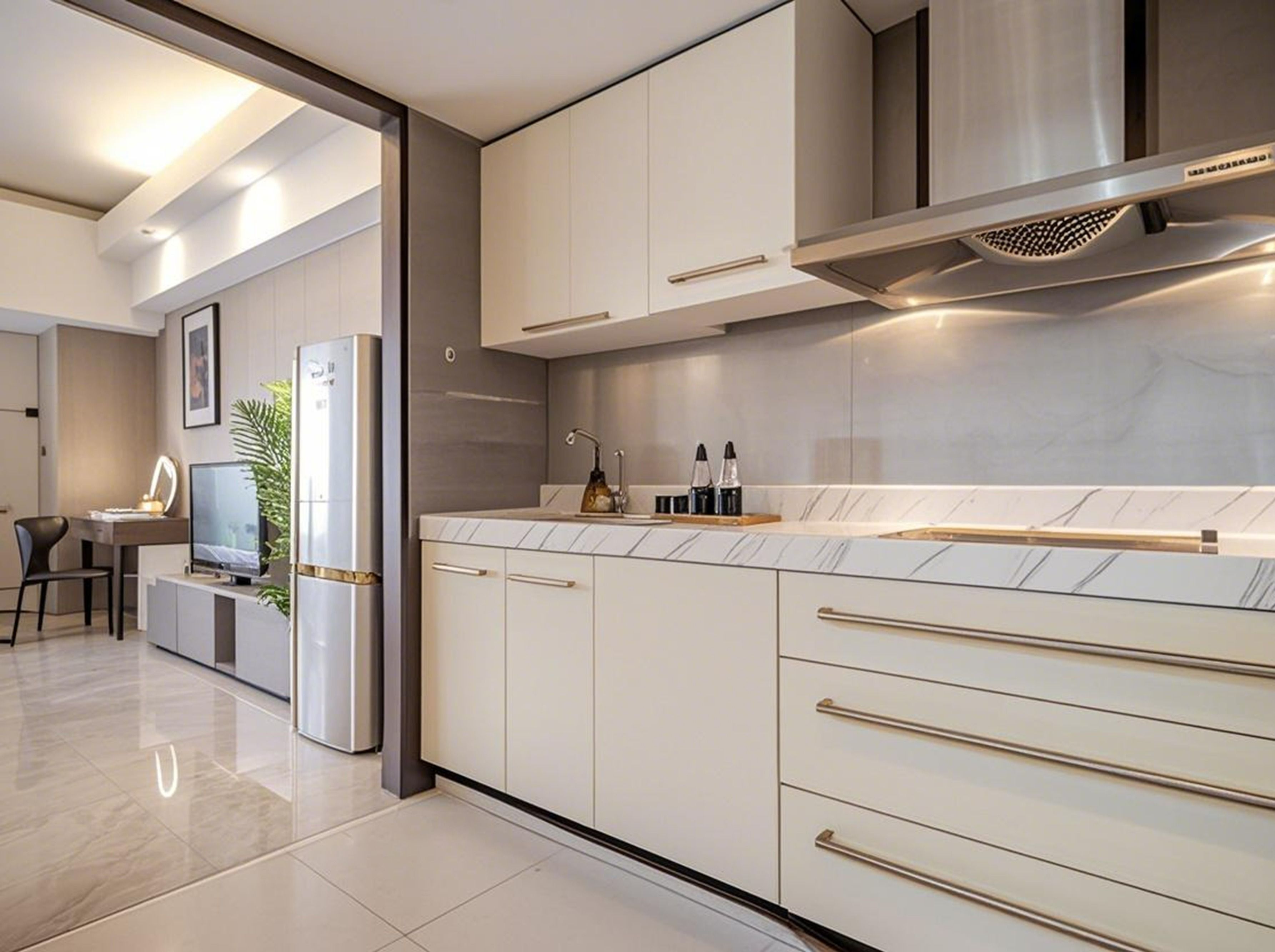 A modern kitchen with white cabinetry, a stainless steel range hood, and a marble countertop.
