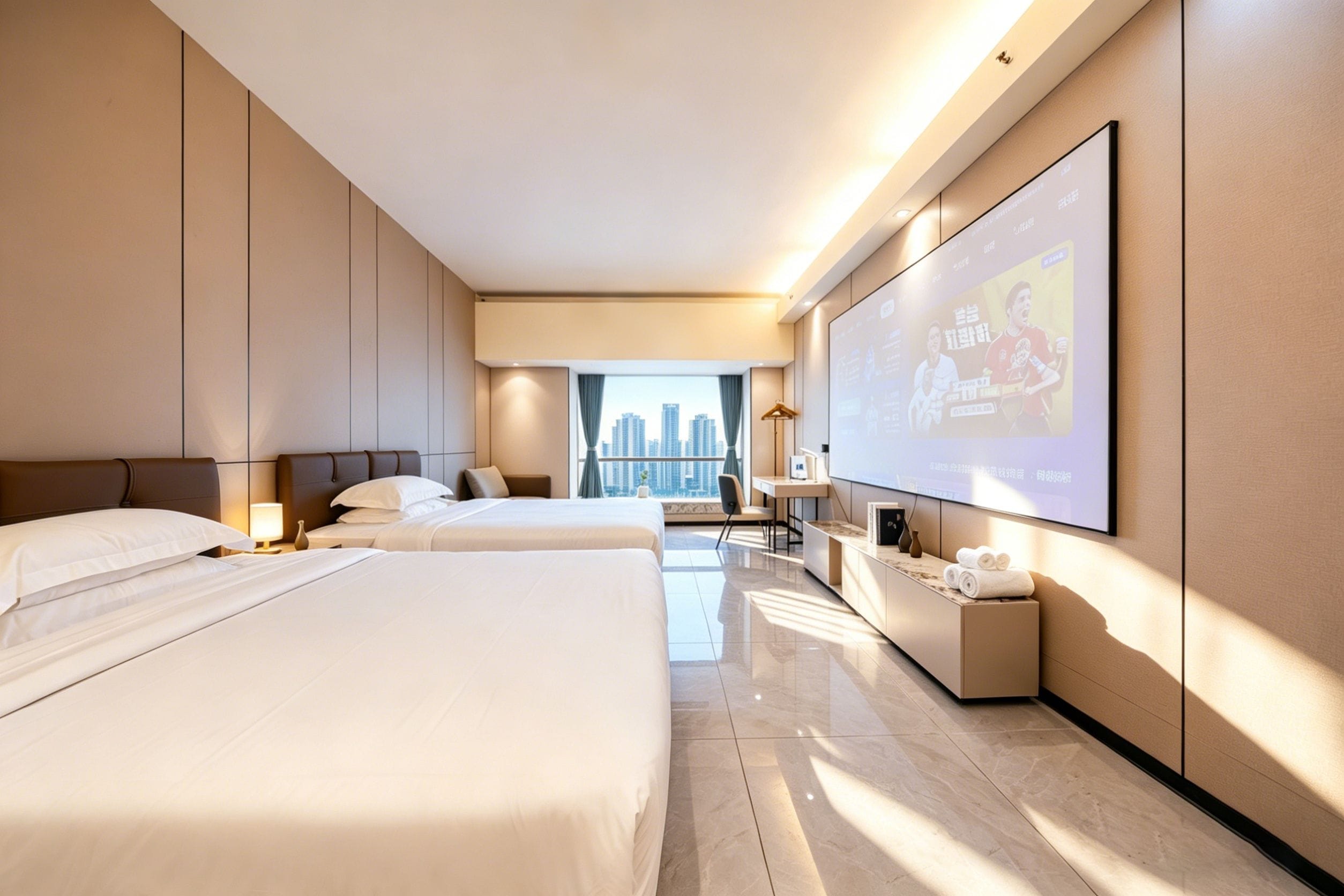 Habitación de hotel con dos camas, un escritorio, una silla, una pantalla de televisión grande y vista a la ciudad.