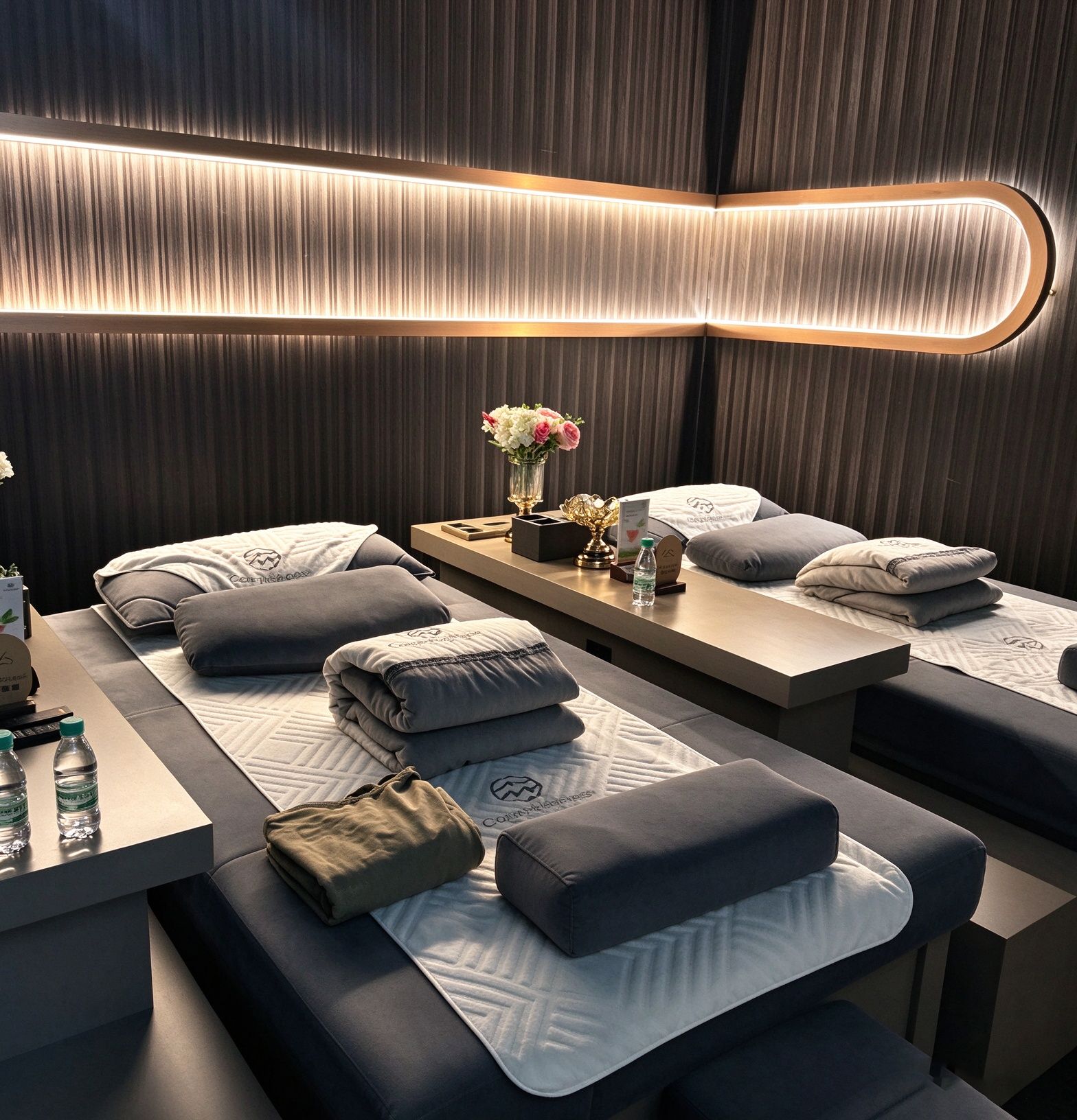 Une salle de spa moderne équipée de deux tables de massage, chacune ayant un coussin et une bouteille d’eau.
