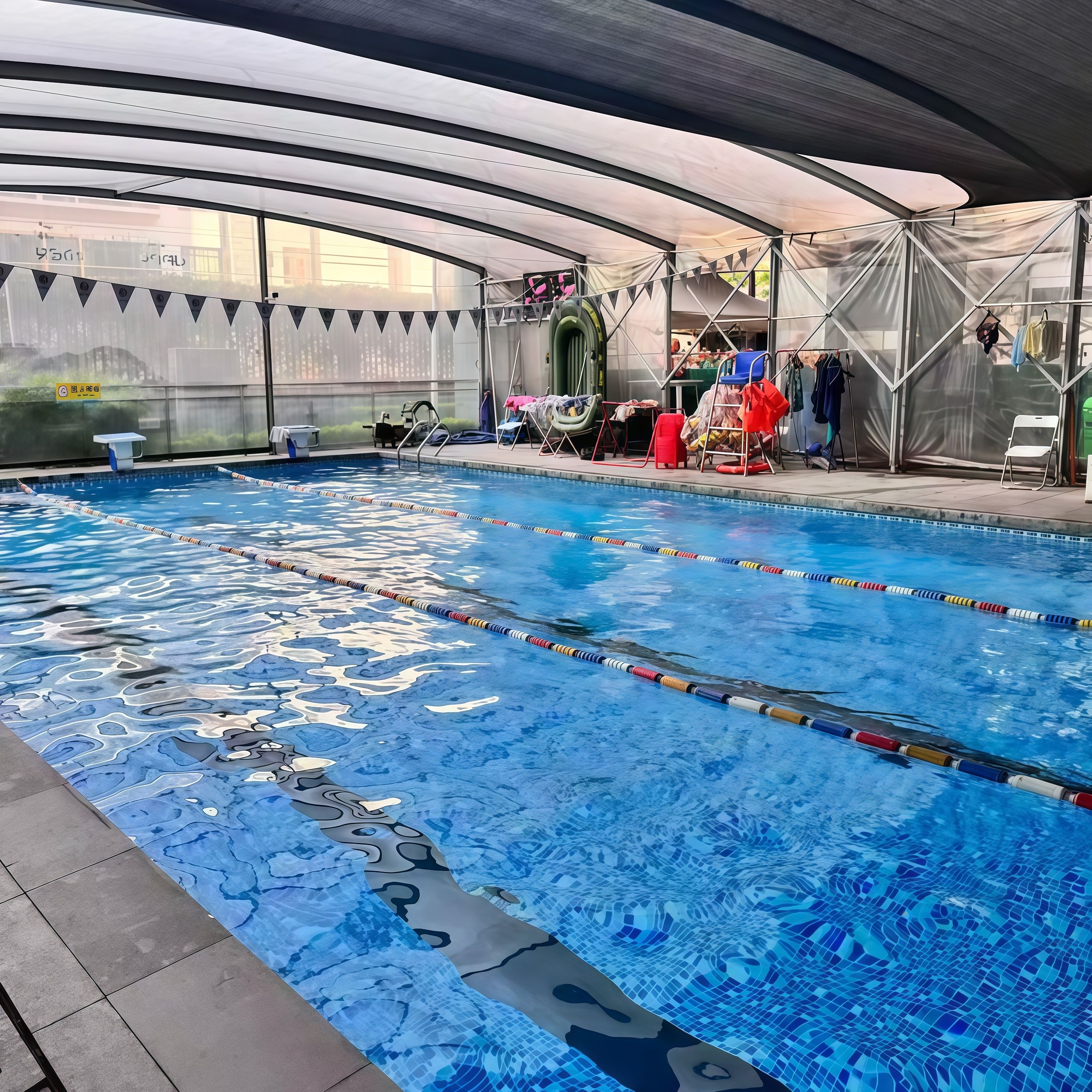 An indoor swimming pool with clear lane dividers, a diving board, and a covered seating area with chairs and umbrellas.