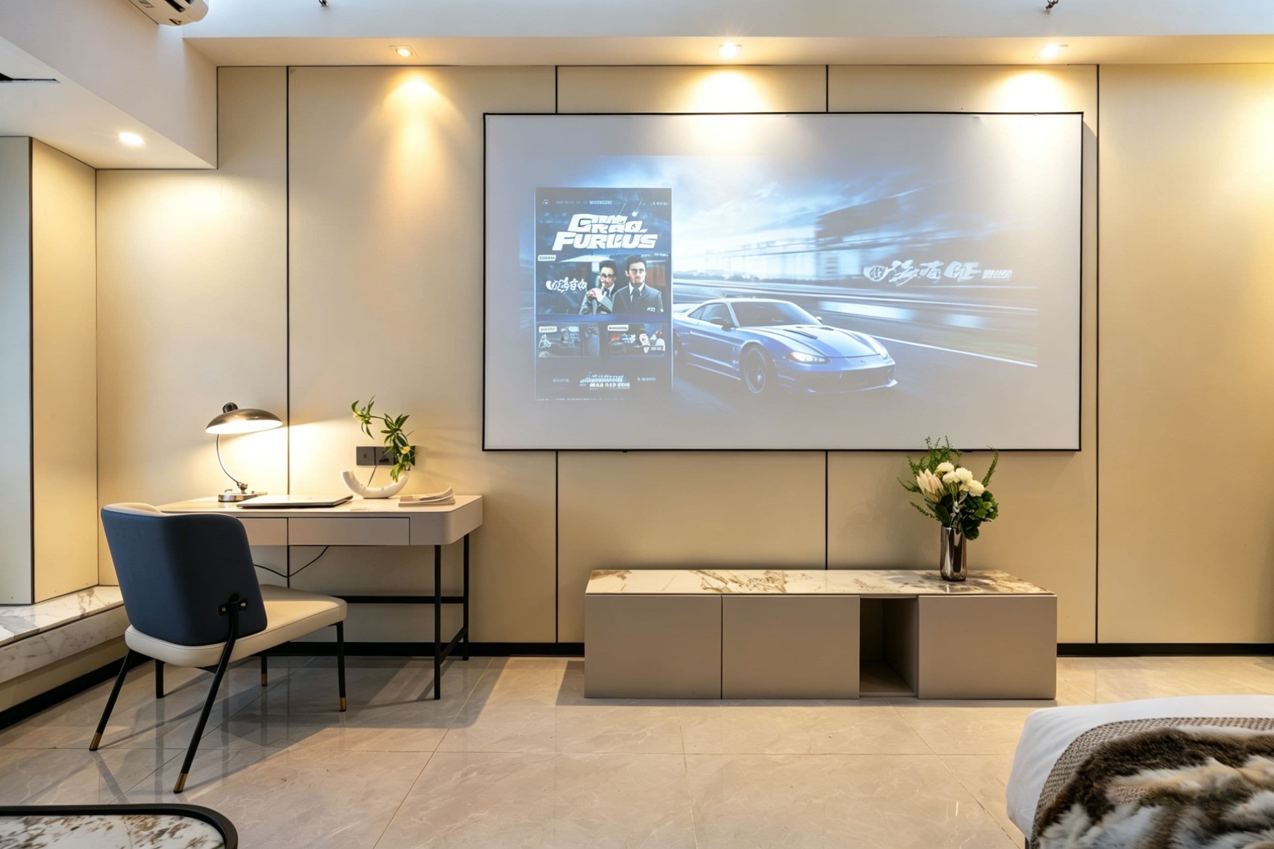 A modern hotel room with a large flat-screen TV mounted on the wall, a desk with a chair, a bench, and a small plant.