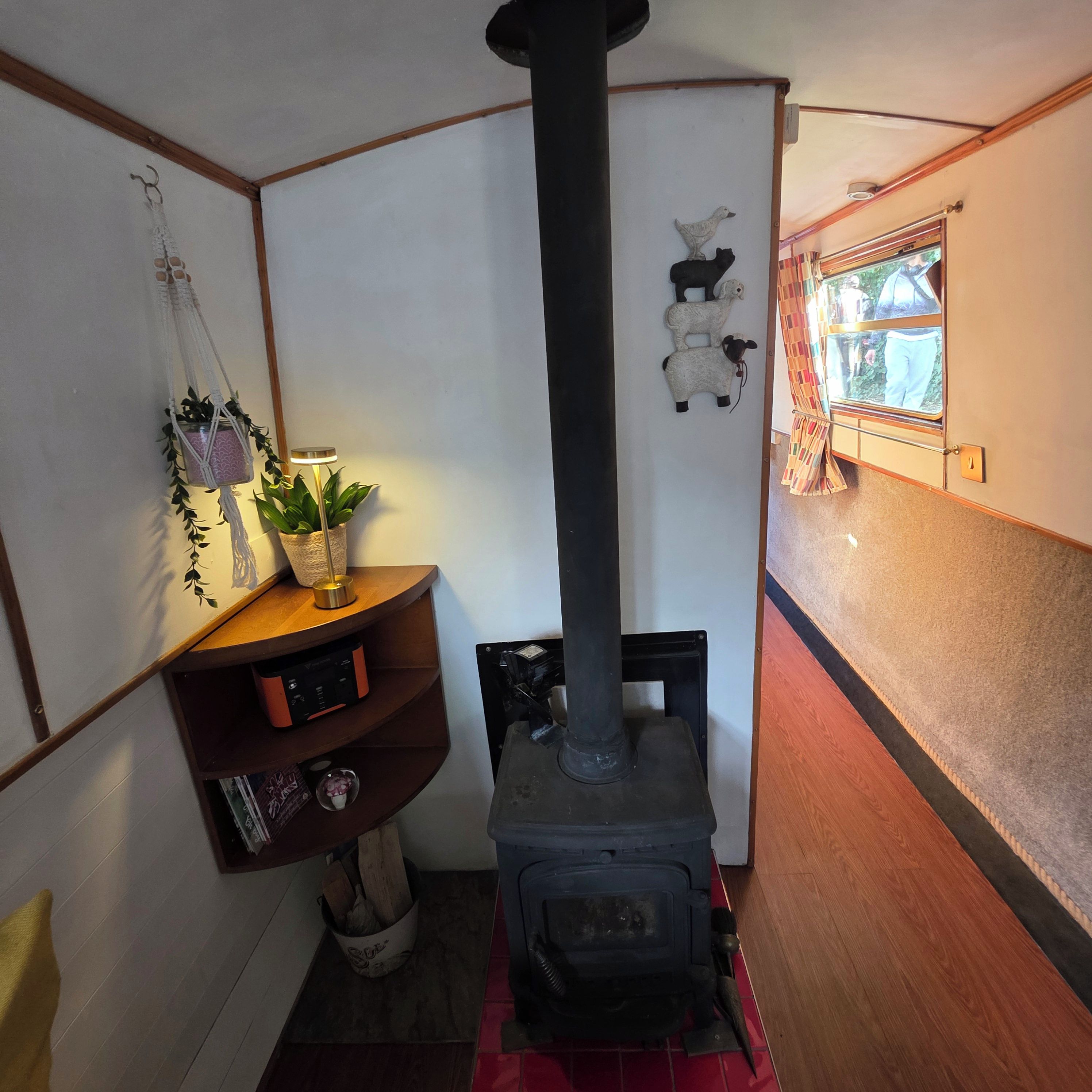 A room with a wood-burning stove, a shelf with books and a plant, and a window with a view of the outside.
