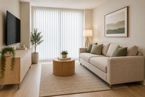 Una sala de estar moderna con sofá, mesa de centro, televisor y planta.
