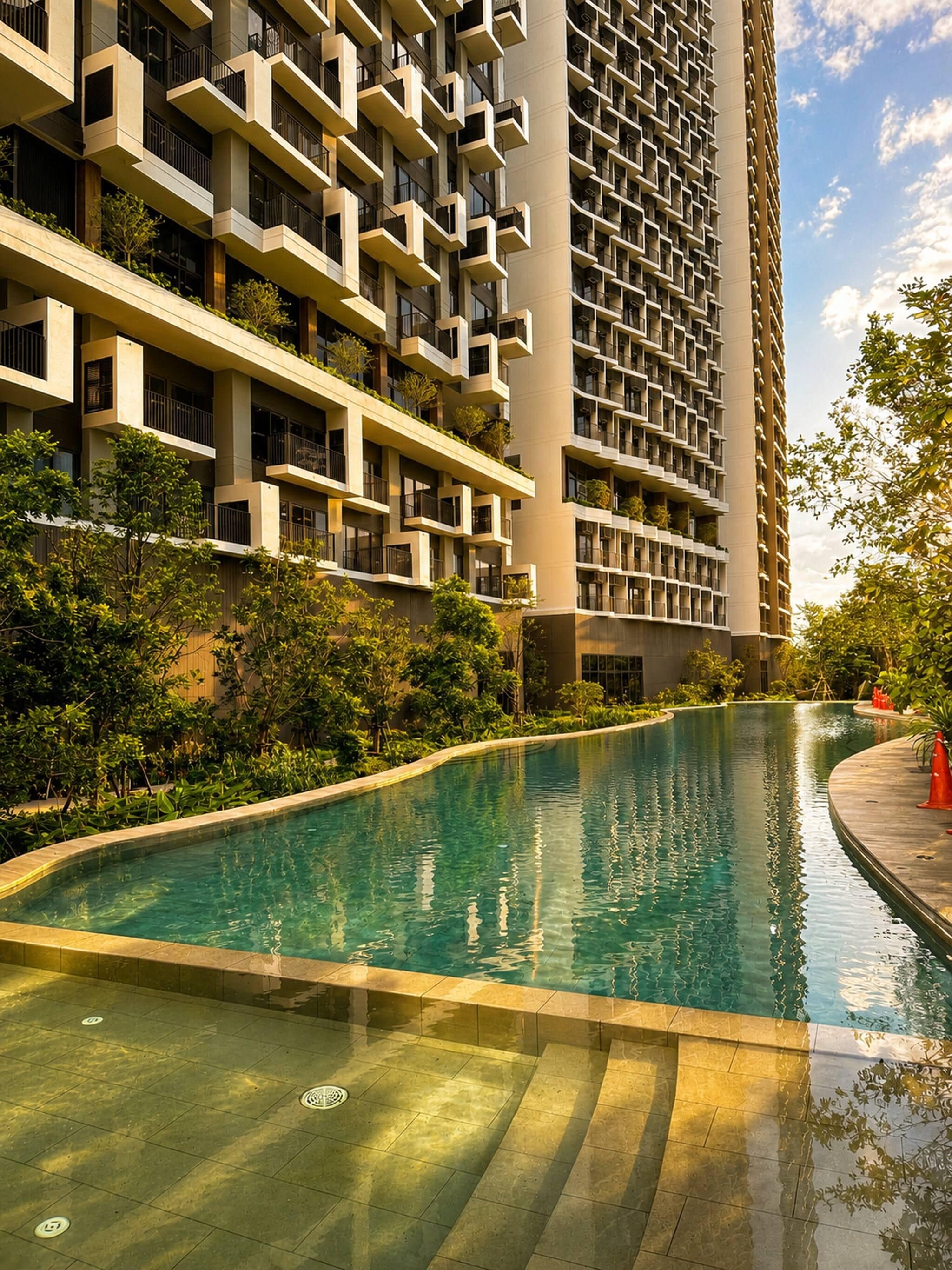 A modern high-rise building with a swimming pool and surrounding greenery.