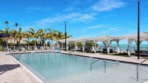 A clear pool with lounge chairs and umbrellas, surrounded by palm trees and a view of the ocean. - Tropic Paradise. New 2 bedroom 2 bath ocean front home in Islamorada (Islamorada)