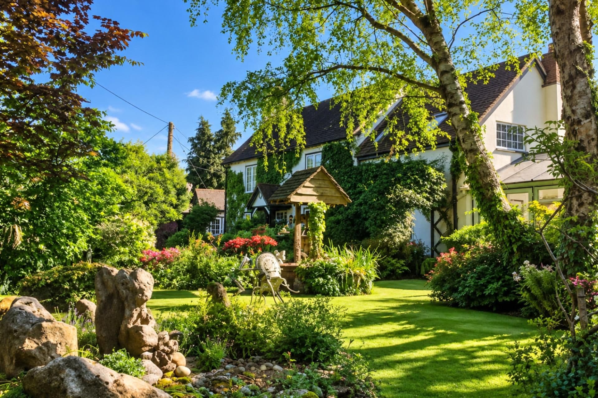A garden with a wooden gazebo, a lawn, and a white house with a pitched roof.