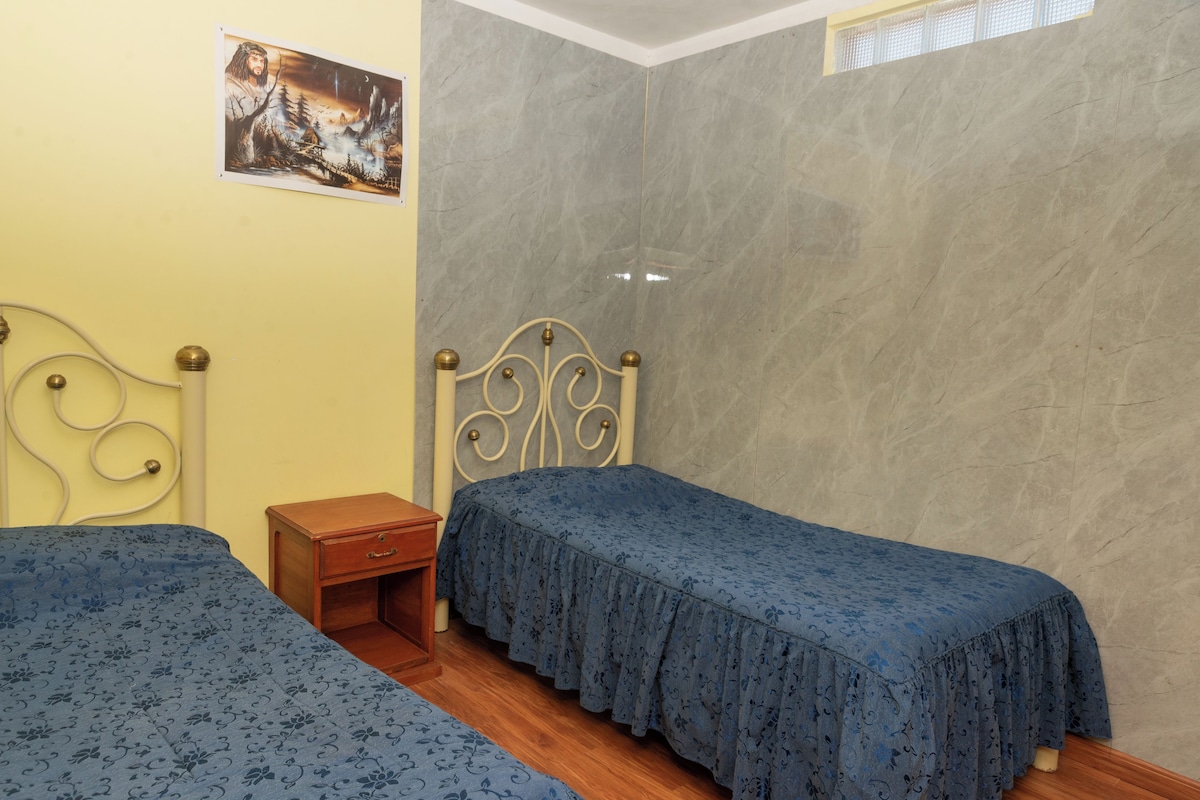 Een slaapkamer met twee eenpersoonsbedden, een nachtkastje en een aan de muur bevestigd schilderij.