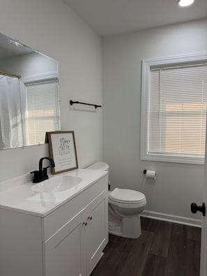 Un bagno con un lavandino bianco, un quadro incorniciato, un water e una finestra con persiane.