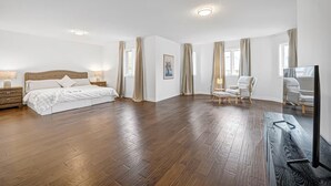 Um quarto espaçoso com uma cama grande, uma cadeira, uma TV e uma janela com cortinas.