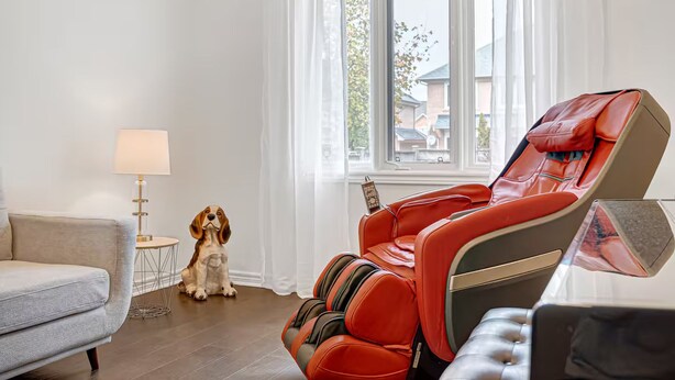 Uma cadeira de massagem num quarto com uma janela, uma lâmpada e um cão.