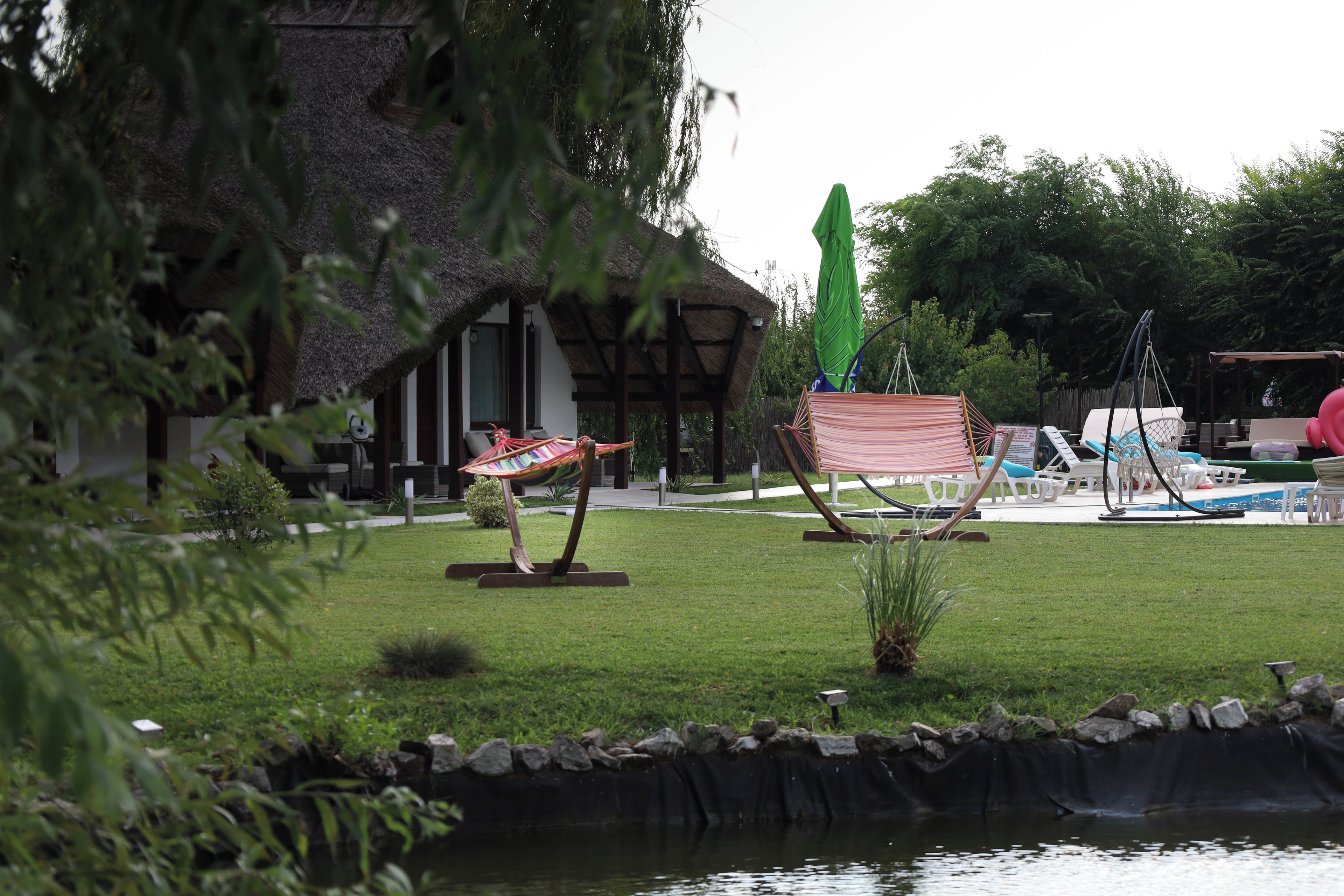 A poolside area with a hammock, lounge chairs, and a thatched-roof building.