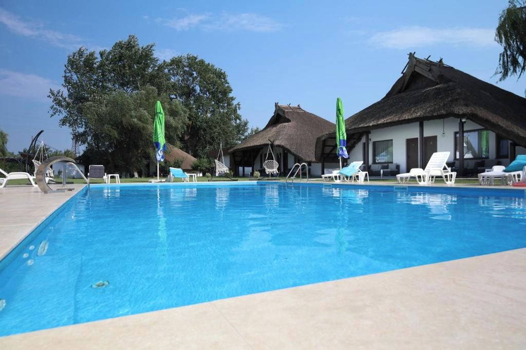 Una piscina con sillas de descanso y sombrillas, un edificio con techo de paja y árboles al fondo.