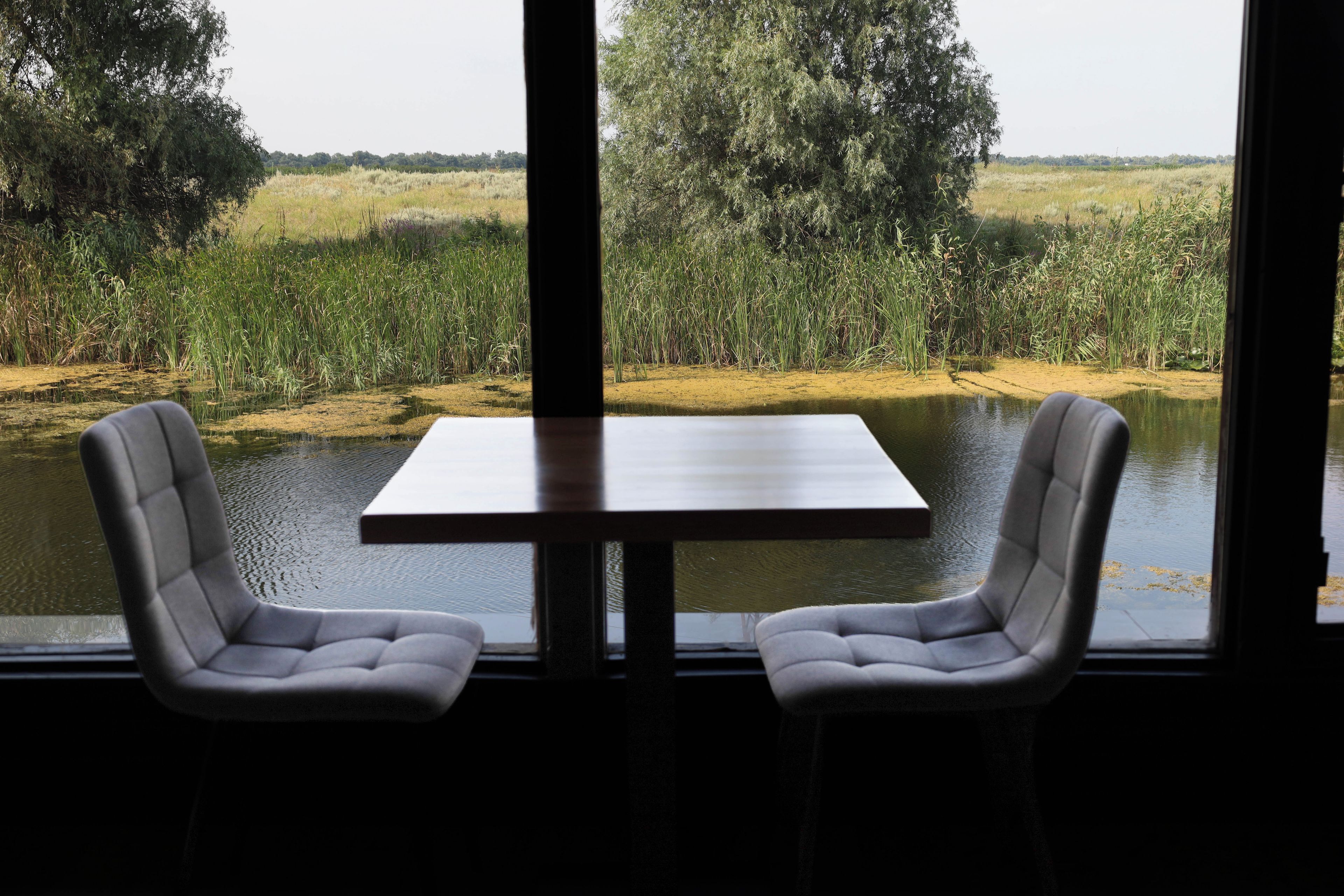 A table with two chairs facing a body of water with vegetation.