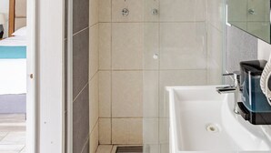 Une salle de bain avec une douche, un lavabo et un miroir.