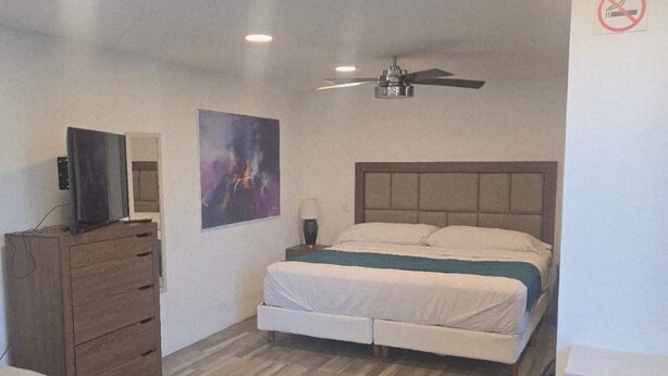 Une chambre à coucher comprenant un lit, une commode, un téléviseur et un ventilateur de plafond.