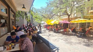 Un café en plein air, avec des tables et des chaises, entouré d’arbres et de bâtiments.