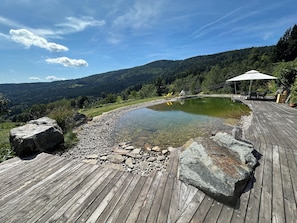 Una terraza de madera con un estanque cristalino, rodeada de rocas y follaje, con vistas a una ladera boscosa.