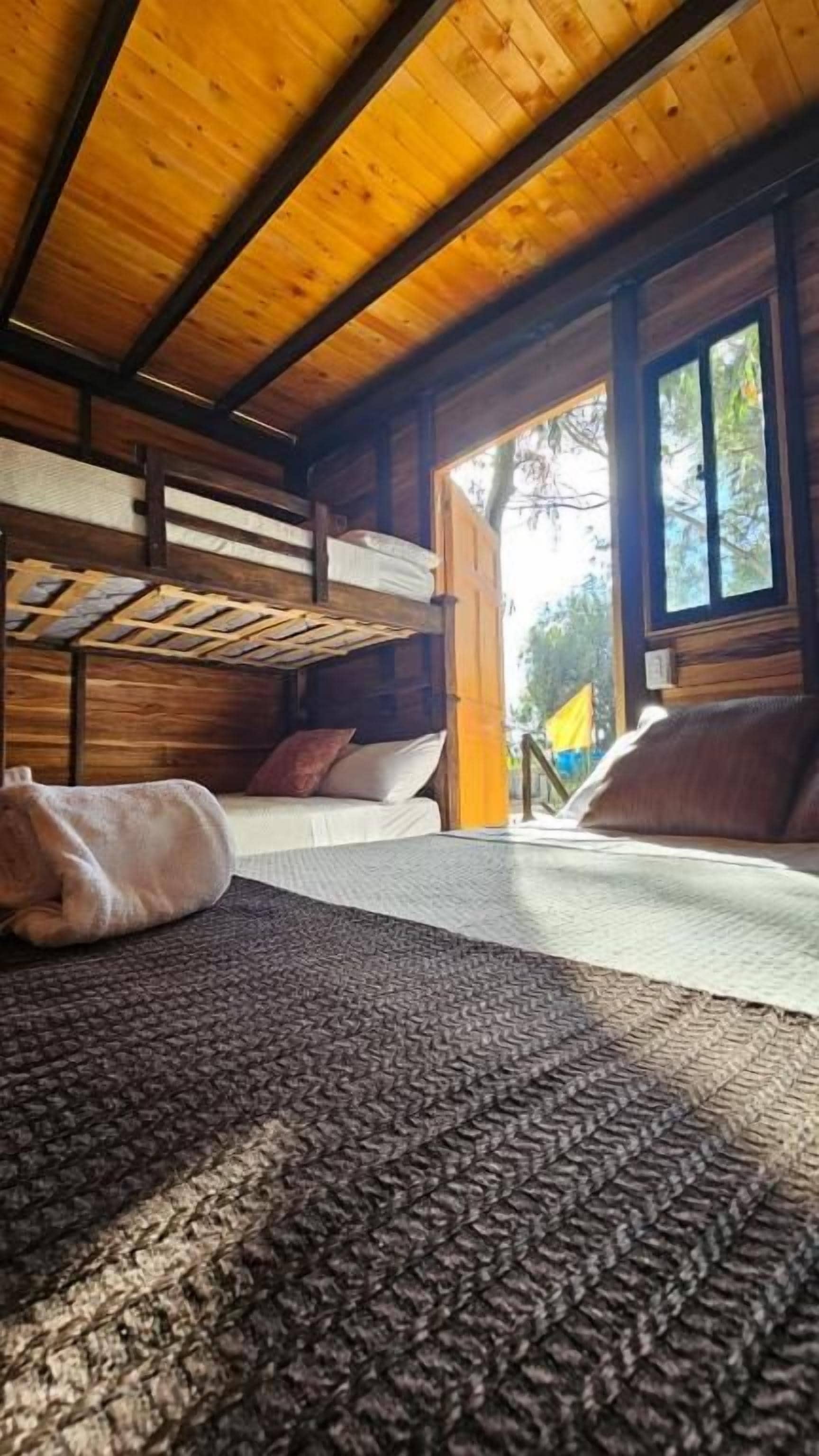 A cabin interior with a bunk bed, a window with a view, and a wooden ceiling.