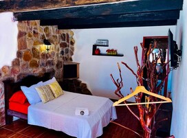 Un dormitorio con pared de piedra, una cama con almohadas, un televisor y una estantería con adornos.