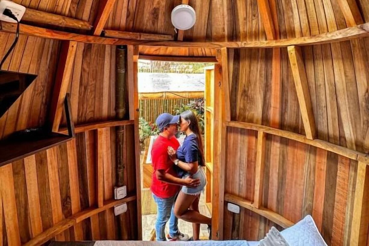 A wooden interior with a bed, a skylight, and a view of the outside.